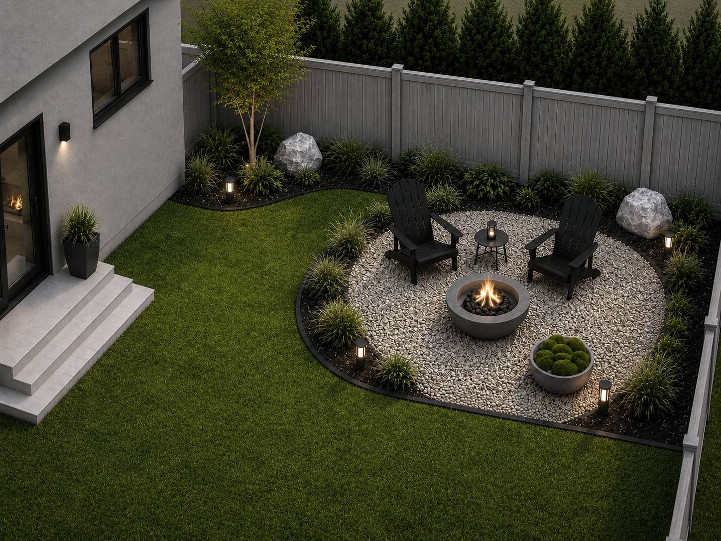 Round backyard gravel patio with fire bowl