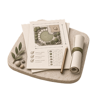 Illustrated DIY landscape plan with checklist and rolled drawing