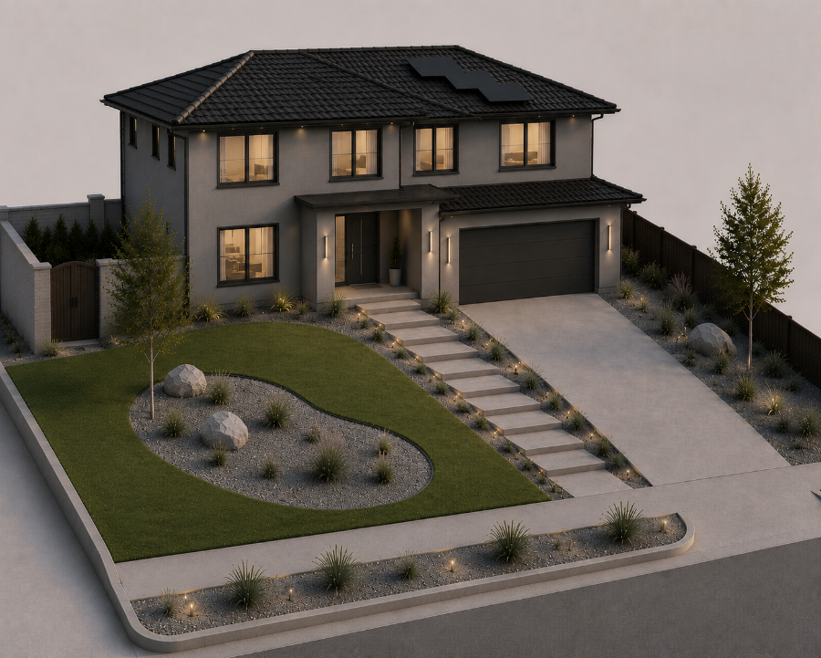 Slope front yard gravel landscaping