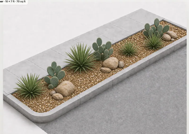 Corner boulevard with pea gravel and desert planting