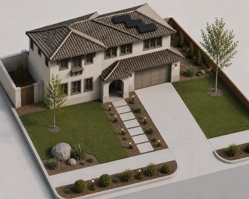 Gravel front yard with tree