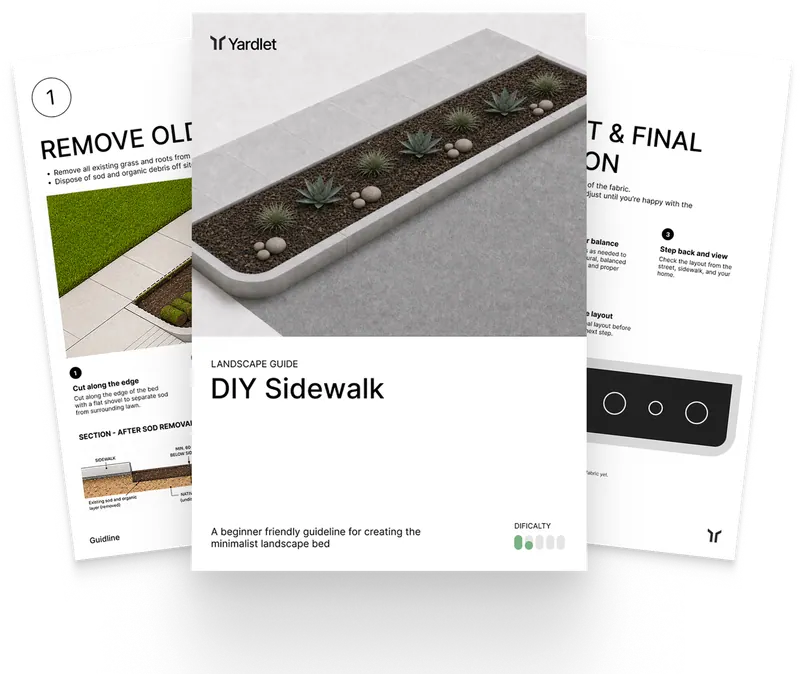 Preview of a Yardlet DIY sidewalk plan with cover and illustrated instruction pages