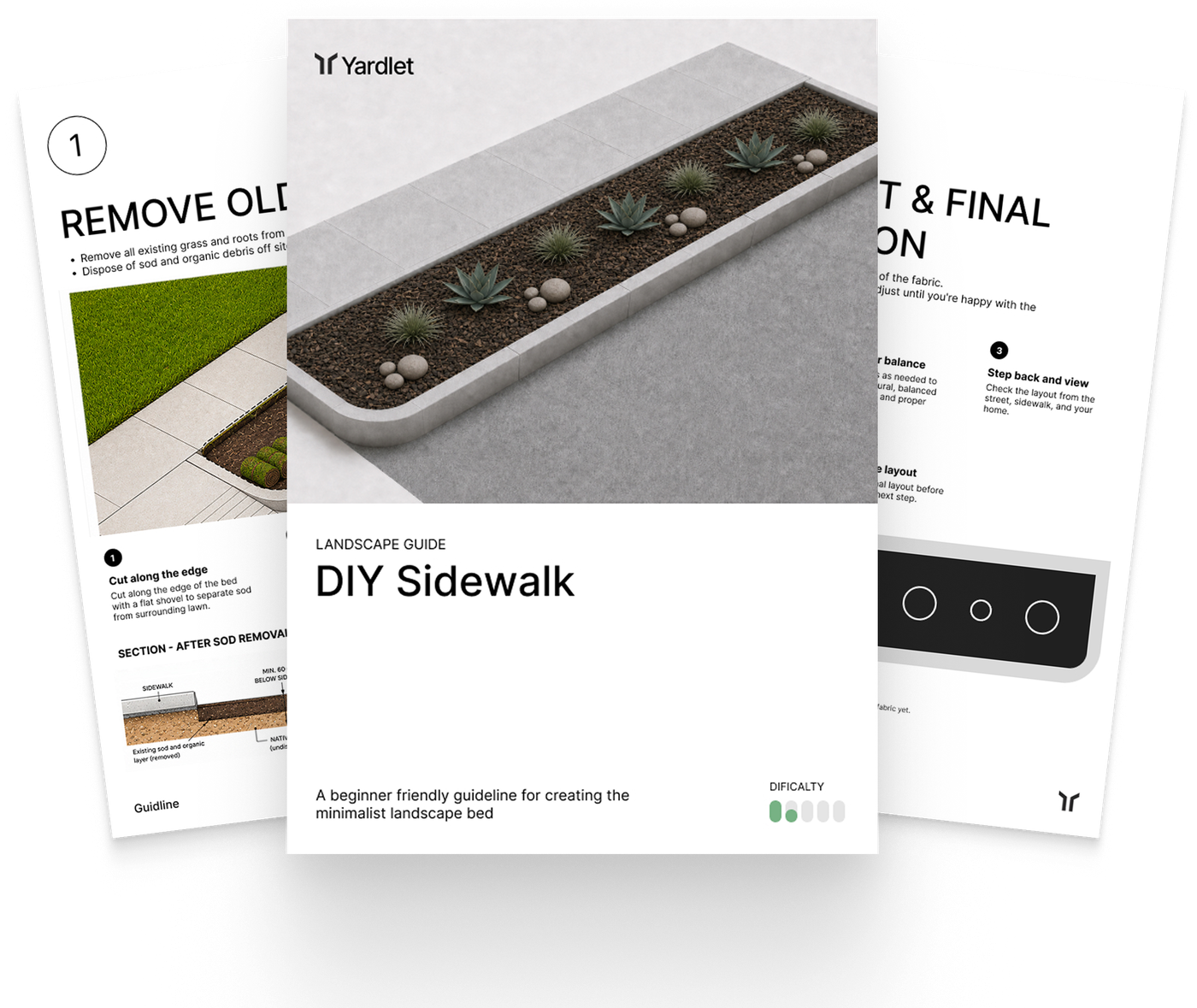 Preview of a Yardlet DIY sidewalk plan with cover and illustrated instruction pages